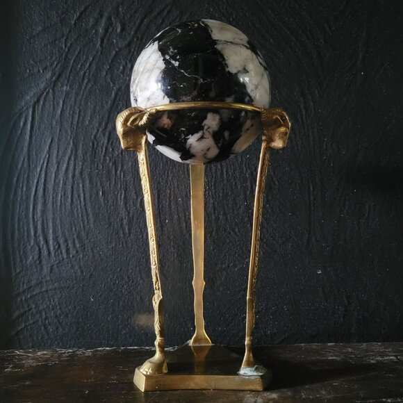 Vtg Brass Ram Head and Hoof Stand w/ Black & White Marble Sphere, Dark Academia - Picture 5 of 8